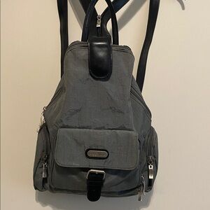 Baggallini convertible mini sling backpack purse bag grey nylon fabric w/ black